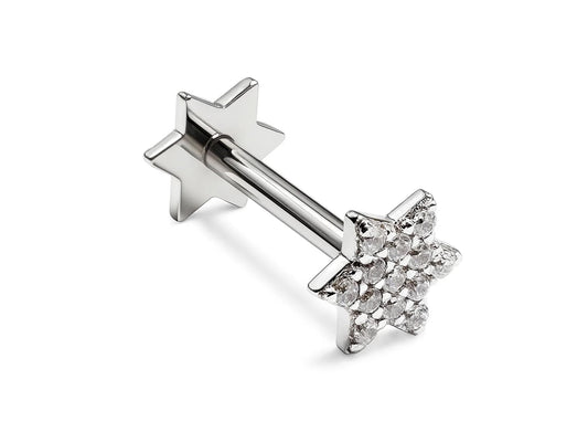 14k White gold Star Barbell Piercing with Gemstones - Internally Threaded - 16g Body Jewellery