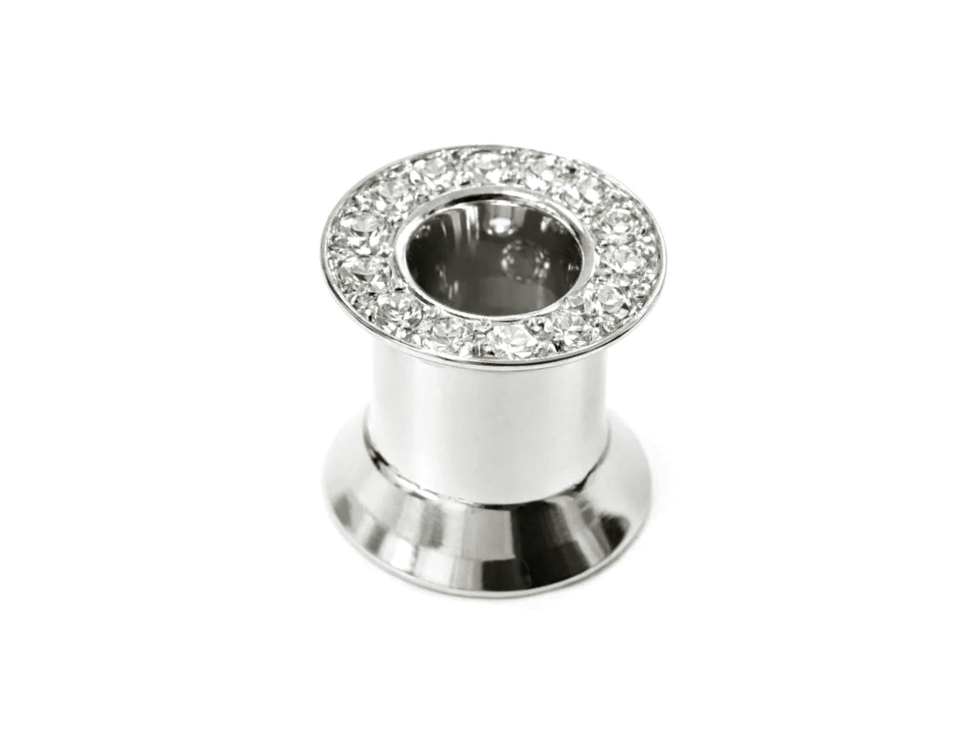 14K White Gold Double Plug Ear Tunnels, Ear stretching gauges with Gemstones - 12g-24mm Sold Individually