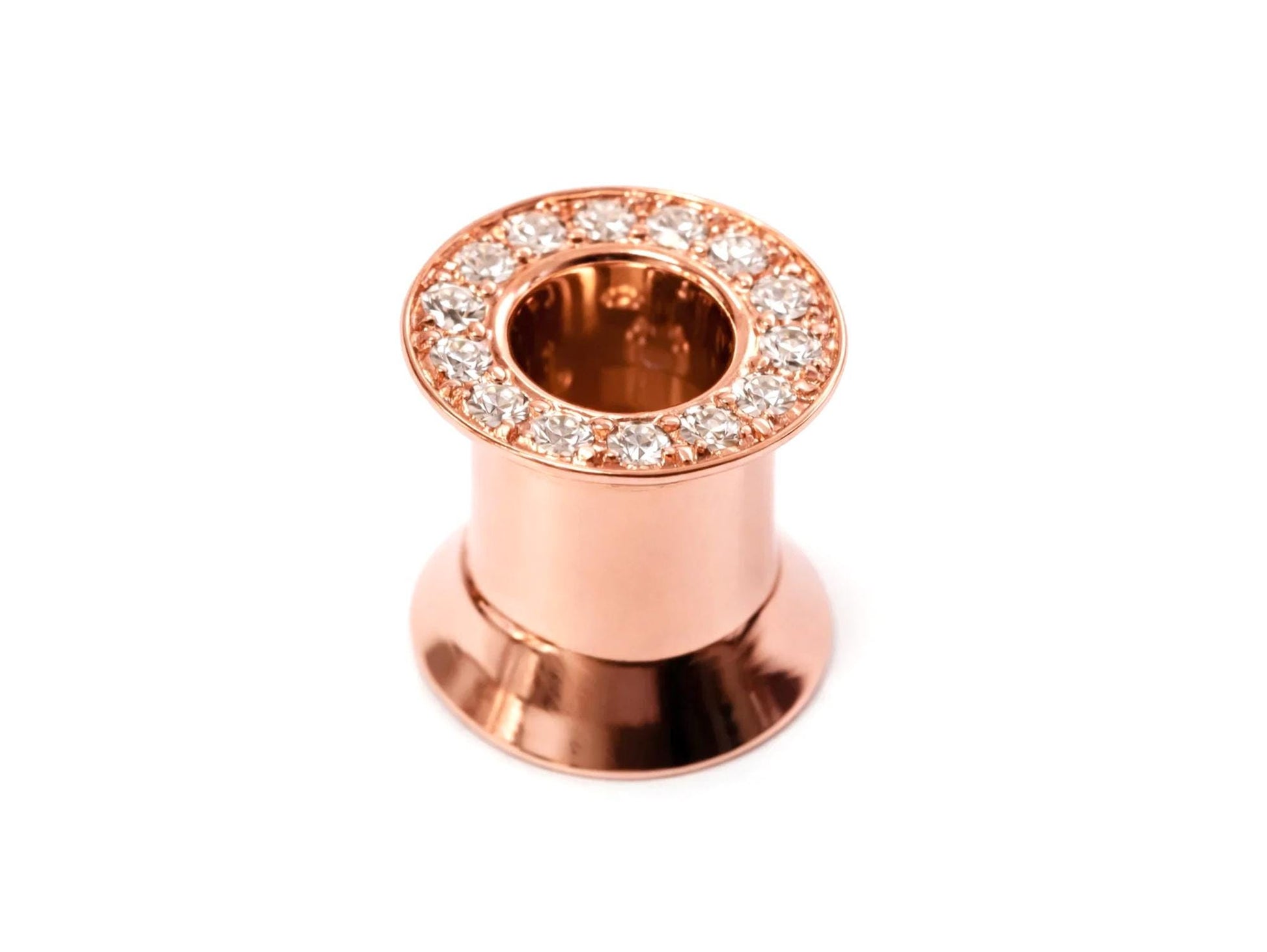 14K Rose Gold Double Plug Ear Tunnels, Ear stretching gauges with Gemstones - 12g-24mm Sold Individually