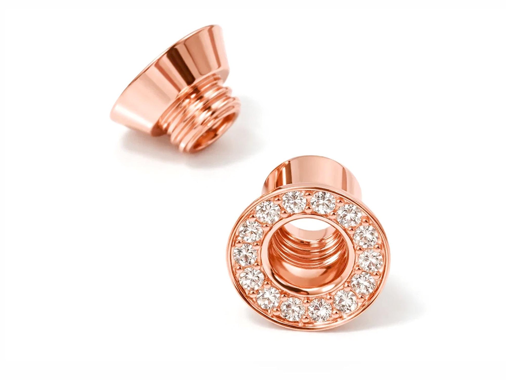 14K Rose Gold Double Plug Ear Tunnels, Ear stretching gauges with Gemstones - 12g-24mm Sold Individually