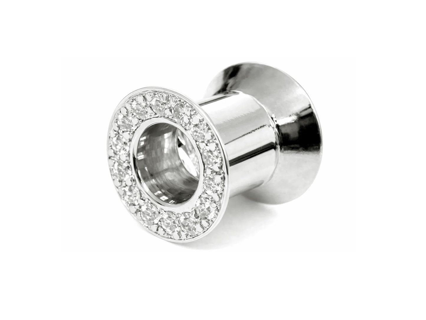 14K White Gold Double Plug Ear Tunnels, Ear stretching gauges with Gemstones - 12g-24mm Sold Individually
