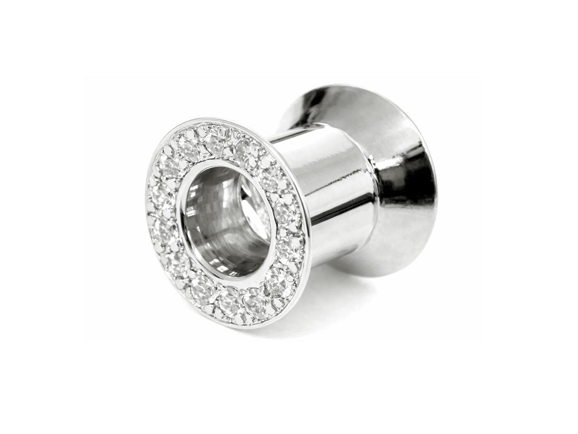 14K White Gold Double Plug Ear Tunnels, Ear stretching gauges with Gemstones - 12g-24mm Sold Individually