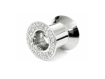 14K White Gold Double Plug Ear Tunnels, Ear stretching gauges with Gemstones - 12g-24mm Sold Individually