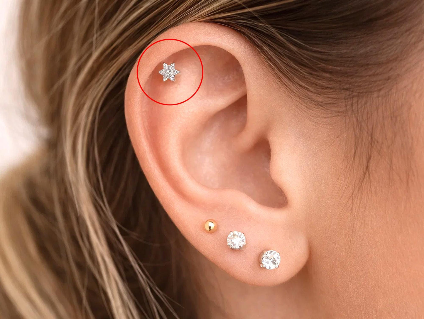 14k White gold Star Barbell Piercing with Gemstones - Internally Threaded - 16g Body Jewellery
