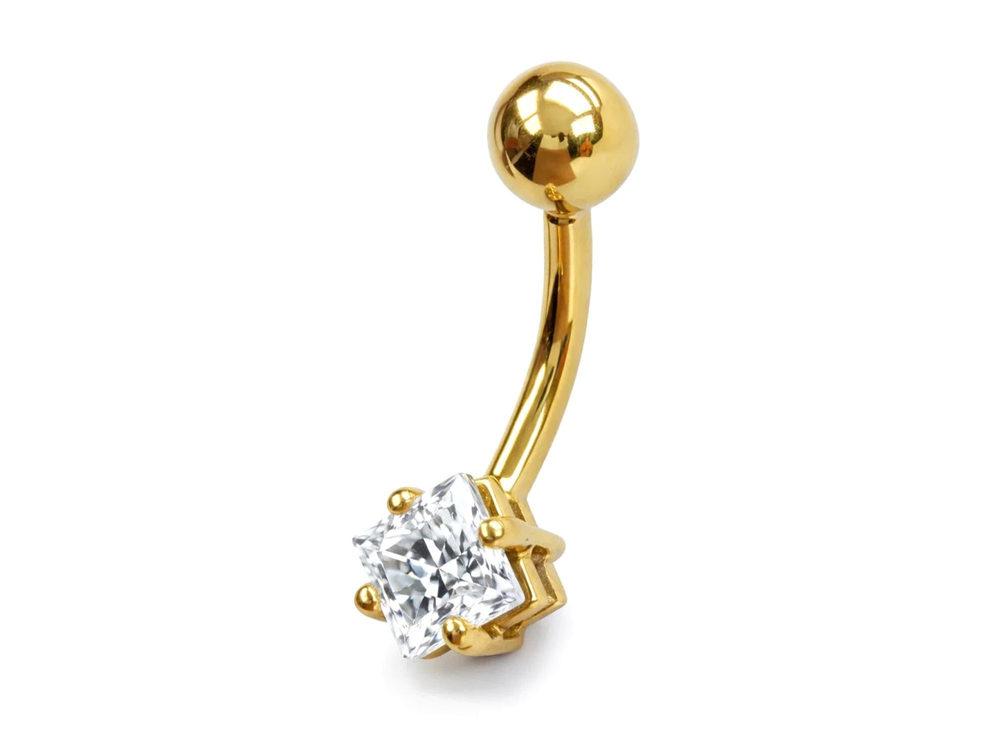 14K Gold Diamond shape belly bar Piercing with Gemstones - 14G size 10mm