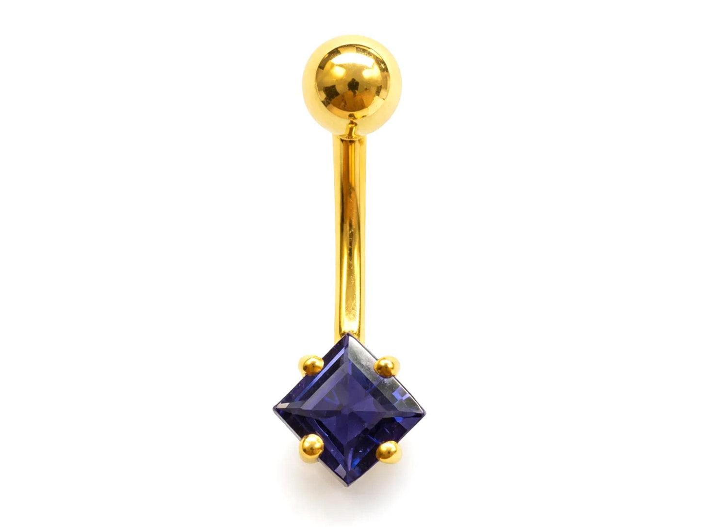 14K Gold Diamond shape belly bar Piercing with Gemstones - 14G size 10mm