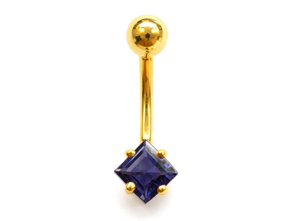 14K Gold Diamond shape belly bar Piercing with Gemstones - 14G size 10mm