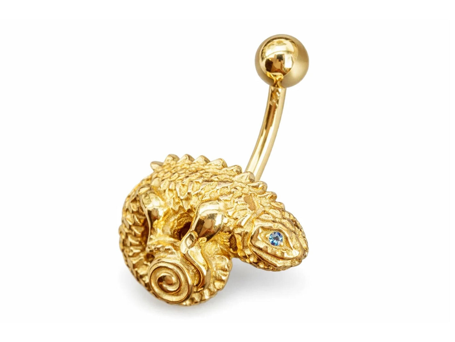 14K Gold Lizard Belly Button Ring with Blue Sapphire eye gemstones - 14G size 10mm
