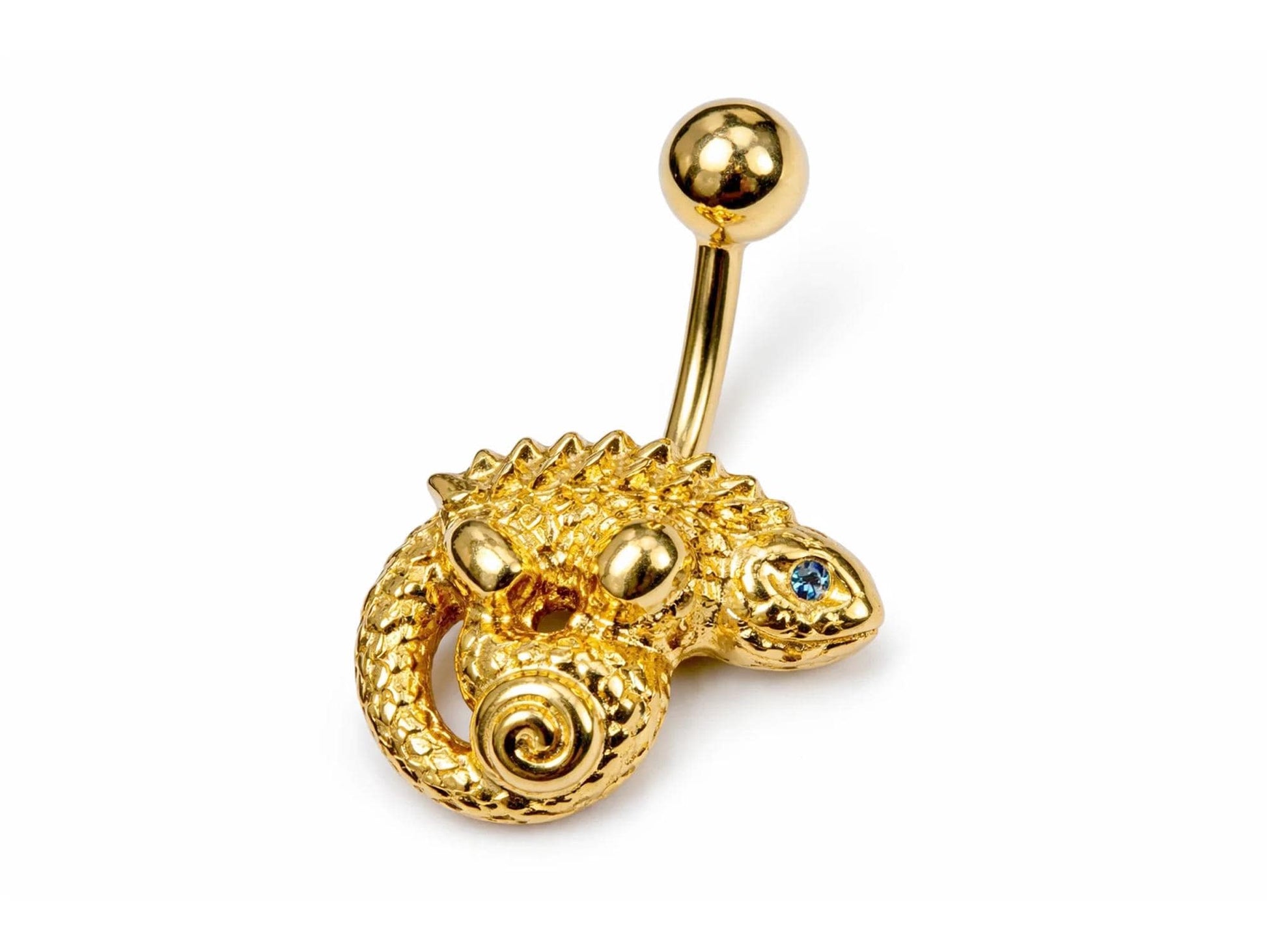 14K Gold Lizard Belly Button Ring with Blue Sapphire eye gemstones - 14G size 10mm