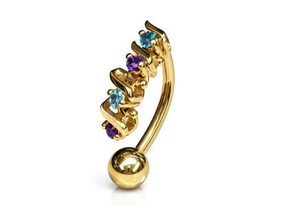 14K Gold Reverse Belly Button Ring with Precious Gemstones - 14G size 10mm