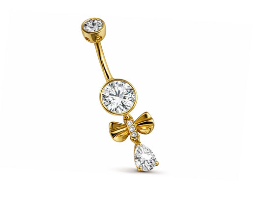 14K Gold Dangle Bow Belly bar navel piercing with gemstones - 14G size 10mm