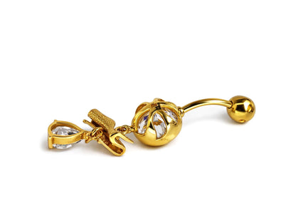 14K Gold Dangle Bow Belly bar navel piercing with gemstones - 14G size 10mm