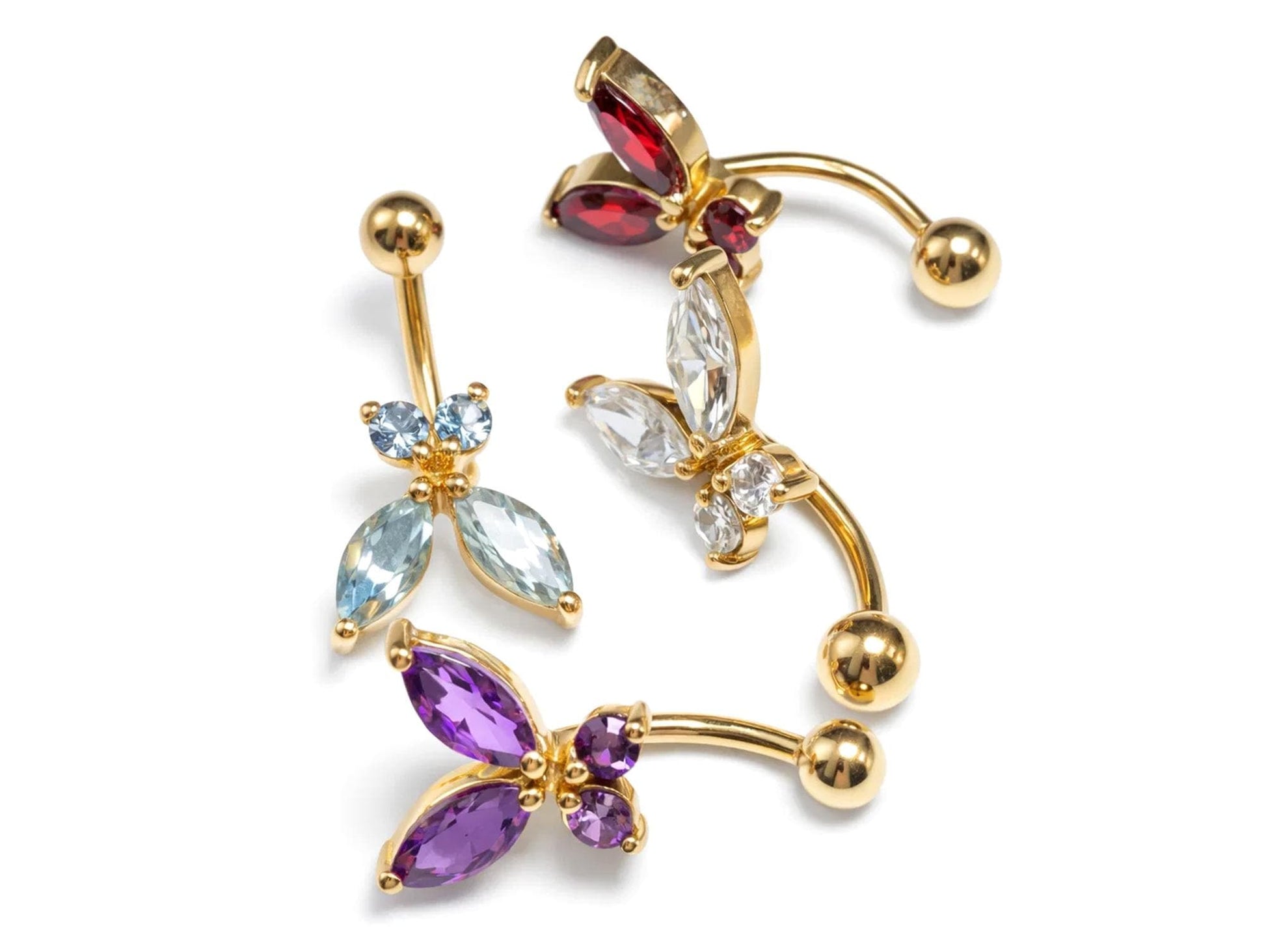 14K Gold Butterfly Shape Belly Button Ring with gemstones - 14G size 10mm