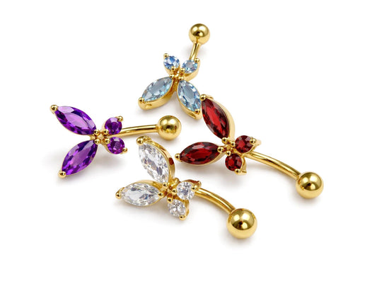 14K Gold Butterfly Shape Belly Button Ring with gemstones - 14G size 10mm