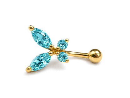 14K Gold Butterfly Shape Belly Button Ring with gemstones - 14G size 10mm