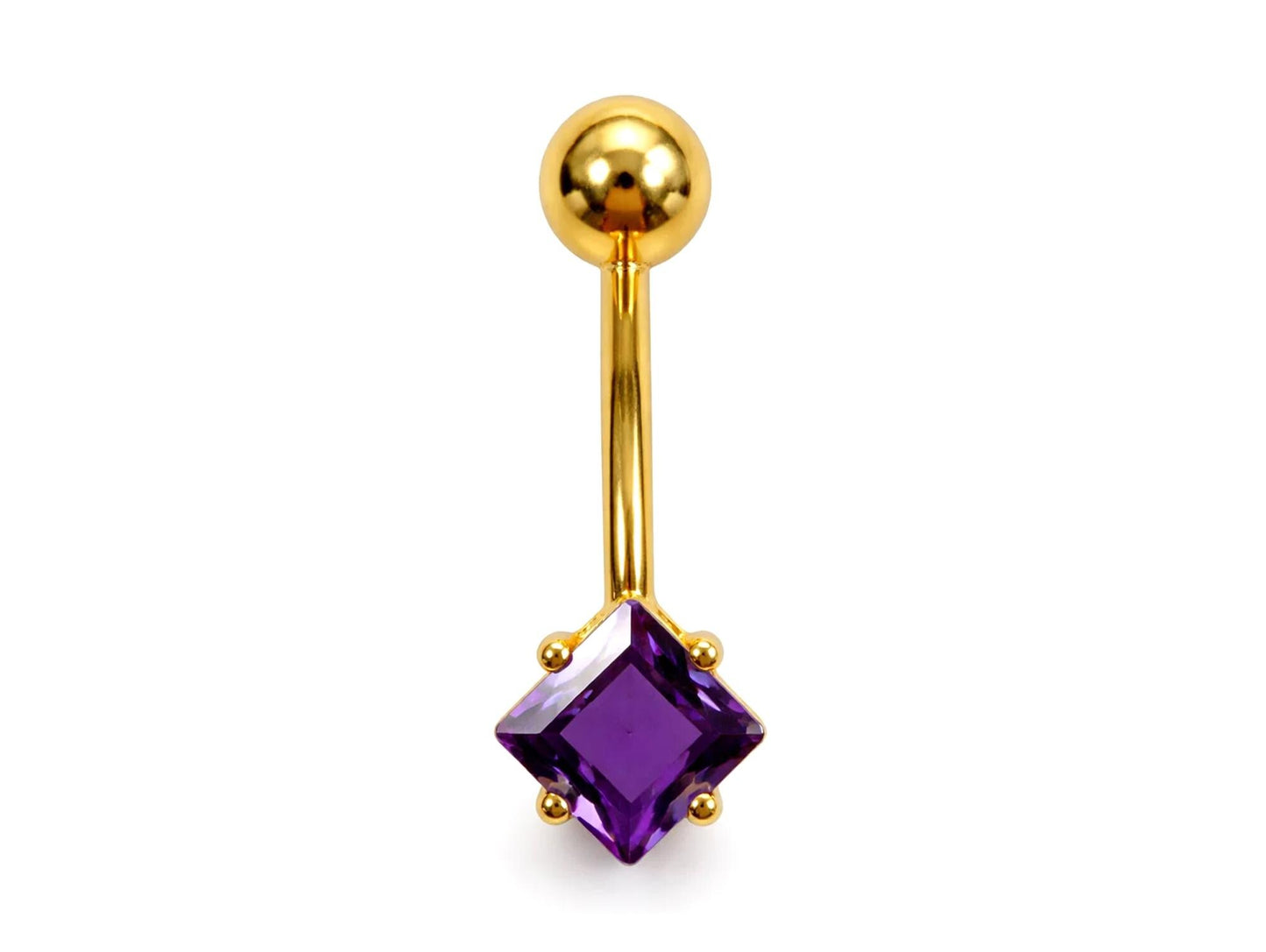 14K Gold Diamond shape belly bar Piercing with Gemstones - 14G size 10mm