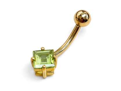 14K Gold Diamond shape belly bar Piercing with Gemstones - 14G size 10mm