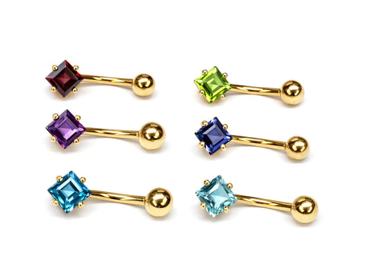 14K Gold Diamond shape belly bar Piercing with Gemstones - 14G size 10mm
