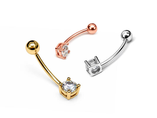 14K Gold Simple Belly bar Navel Ring 16G Earrings with Gemstones