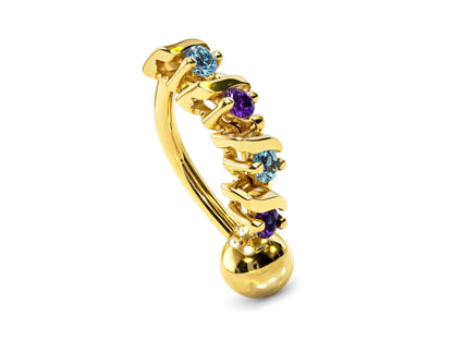 14K Gold Reverse Belly Button Ring with Precious Gemstones - 14G size 10mm