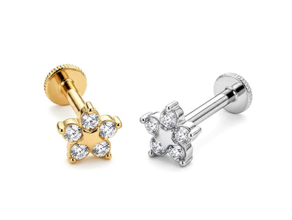 14K Gold Star Shape Tragus piercing, cartilage Jewelry Labret 16G with Gemstones