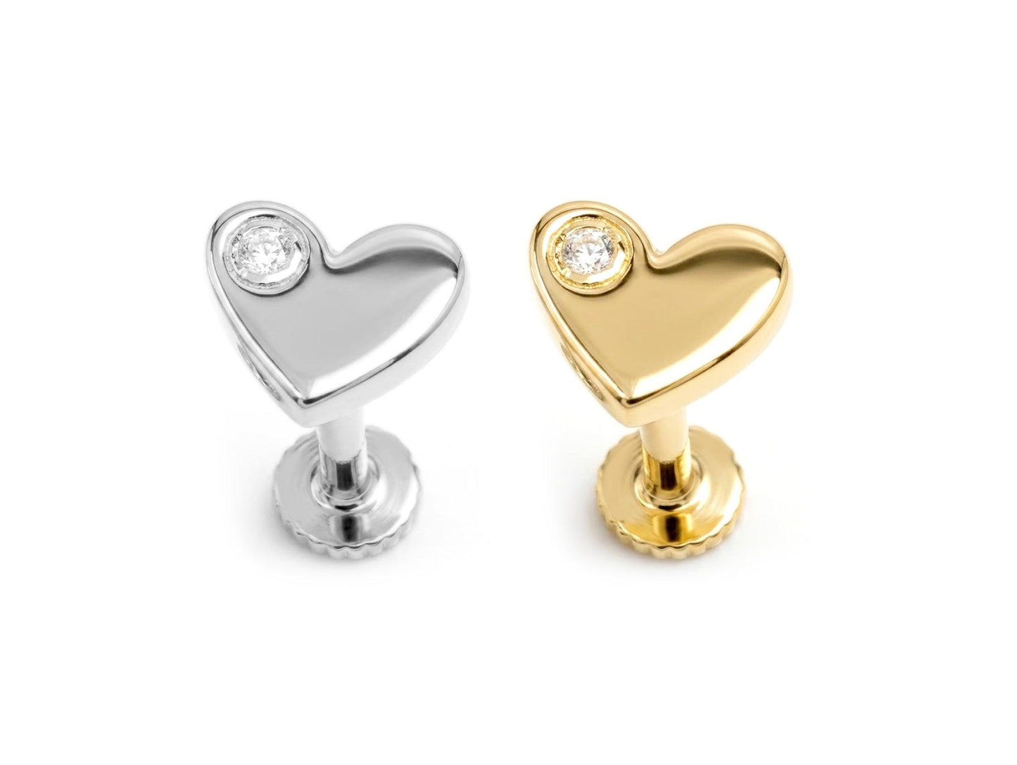 14K Gold Heart Labret Earring with Gemstones 16G Tragus Jewellery