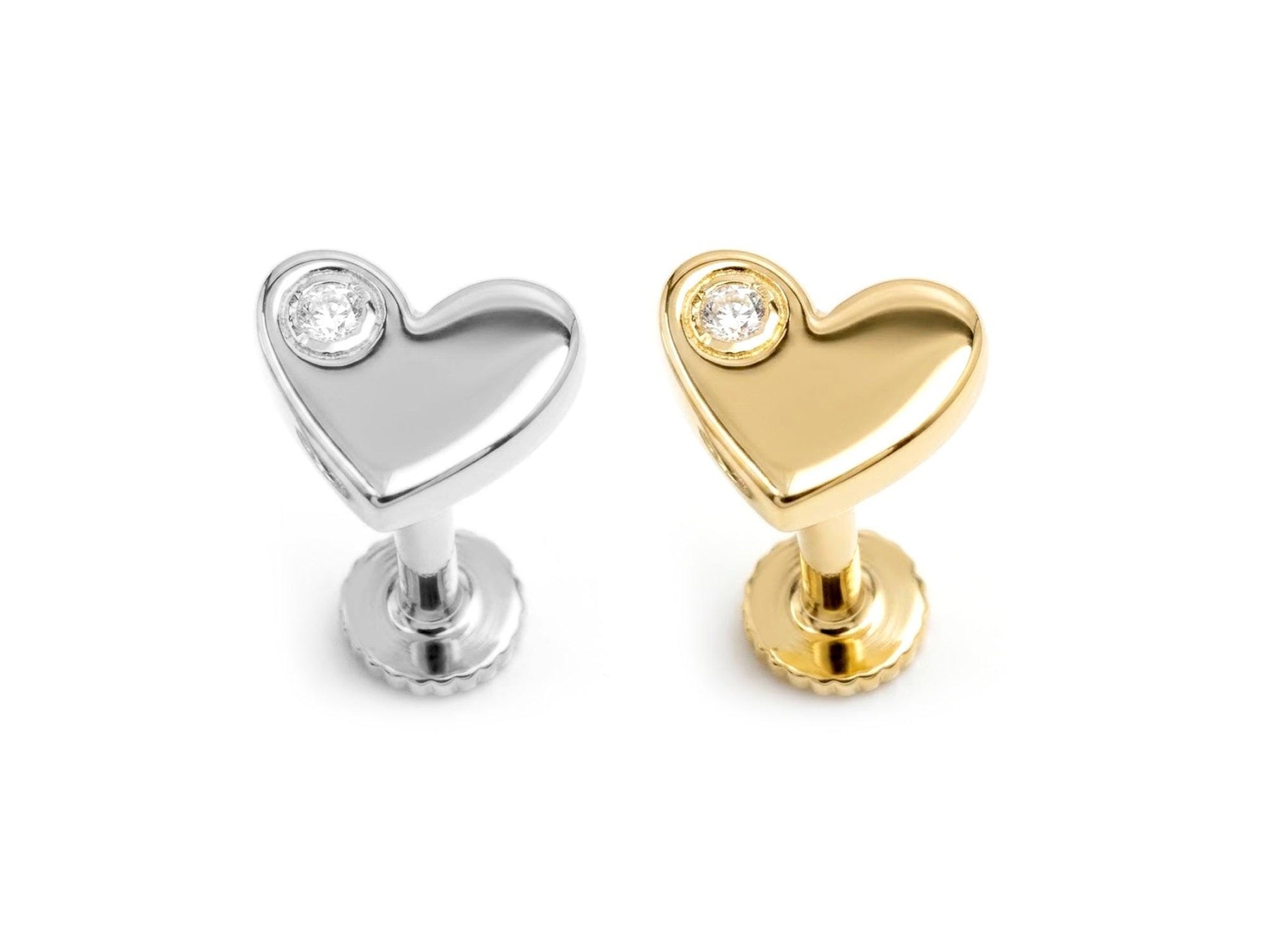 14K Gold Heart Labret Earring with Gemstones 16G Tragus Jewellery