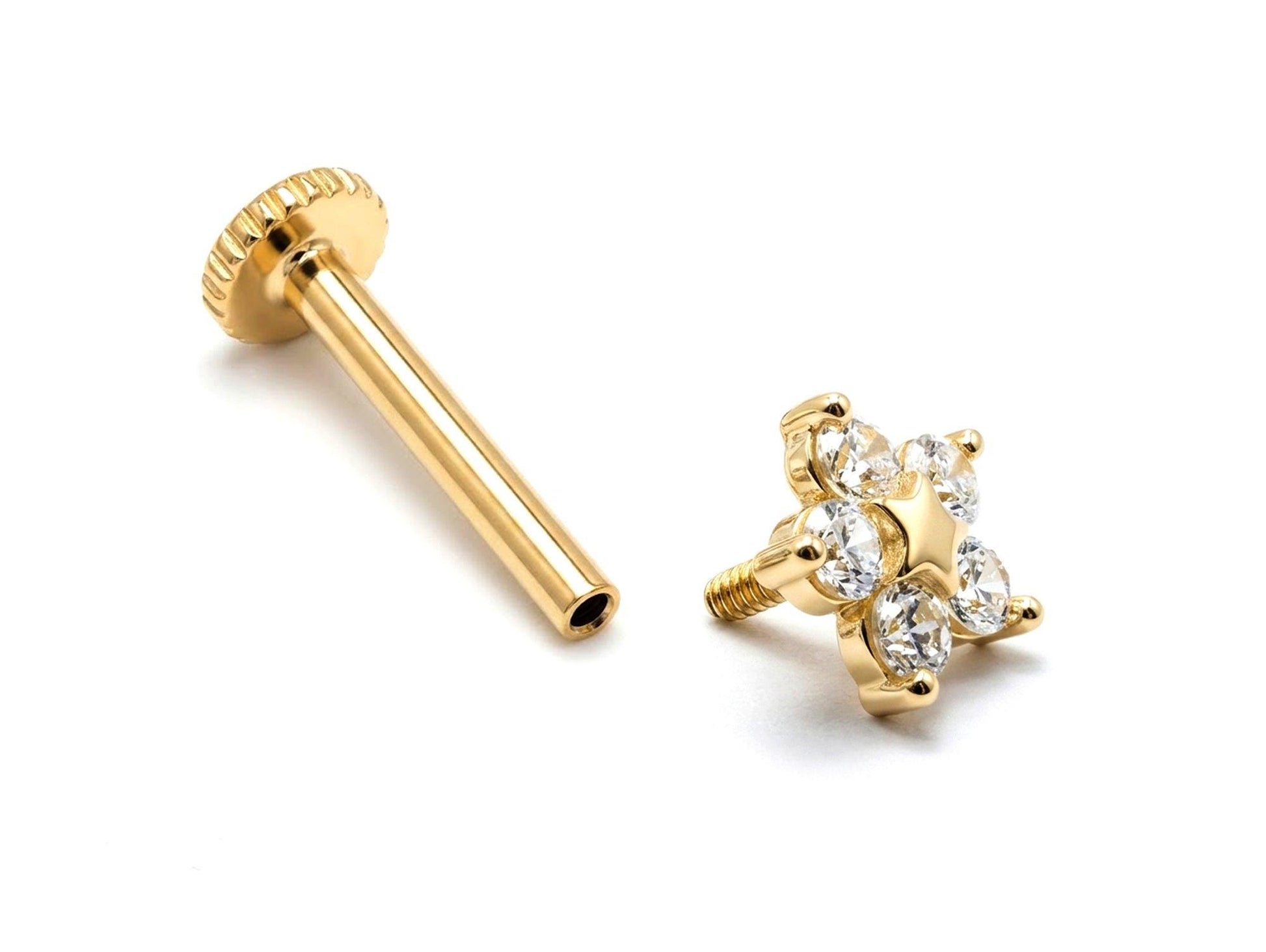 14K Gold Star Shape Tragus piercing, cartilage Jewelry Labret 16G with Gemstones