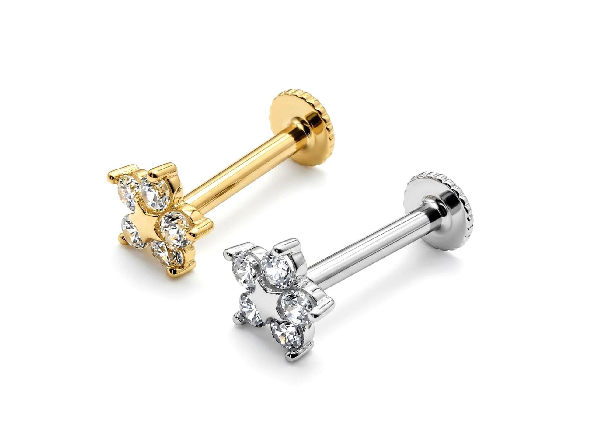14K Gold Star Shape Tragus piercing, cartilage Jewelry Labret 16G with Gemstones