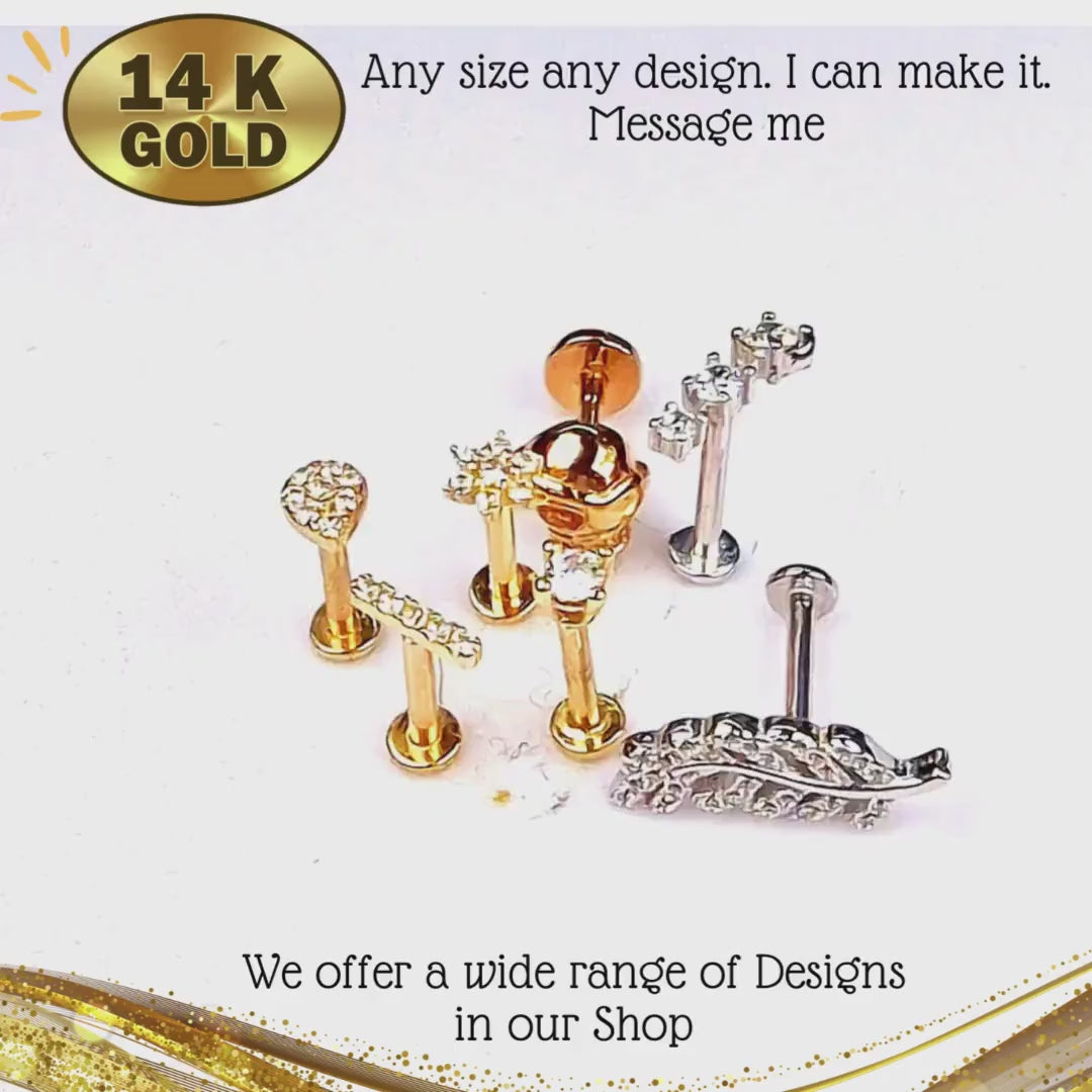 14K Gold Helix Stud, Labret Stud, Tragus Earring with CZ Stone Crystal - Internally Threading Body Jewellery Ear Piercing