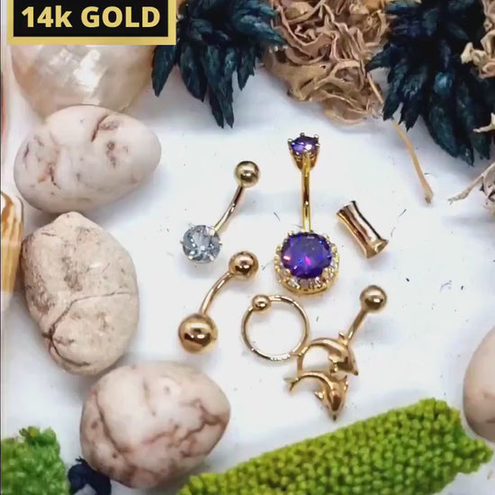 Ribbon Style Belly Bar - Solid 14K Gold Designer Belly Button Ring with Round Crystal Hand Set - Finest Quality Gold Body Piercing