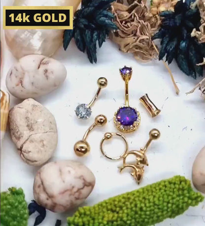 Ribbon Style Belly Bar - Solid 14K Gold Designer Belly Button Ring with Round Crystal Hand Set - Finest Quality Gold Body Piercing