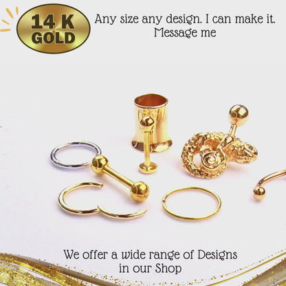 Single Flared Plugs with Grooves - 14K Gold - Ear Tunnel Stretcher Plug, Single Flare Eyelet - Expander Body Piercing