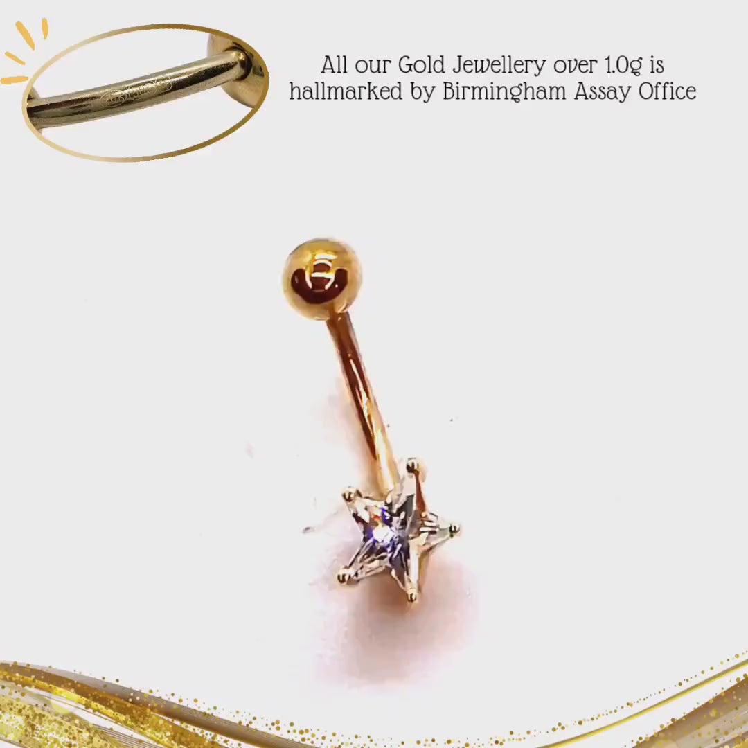 Stars Belly Bar - Solid 14K Gold Designer Belly Button Ring with Star Crystal Hand Set - Finest Quality Gold Body Piercing