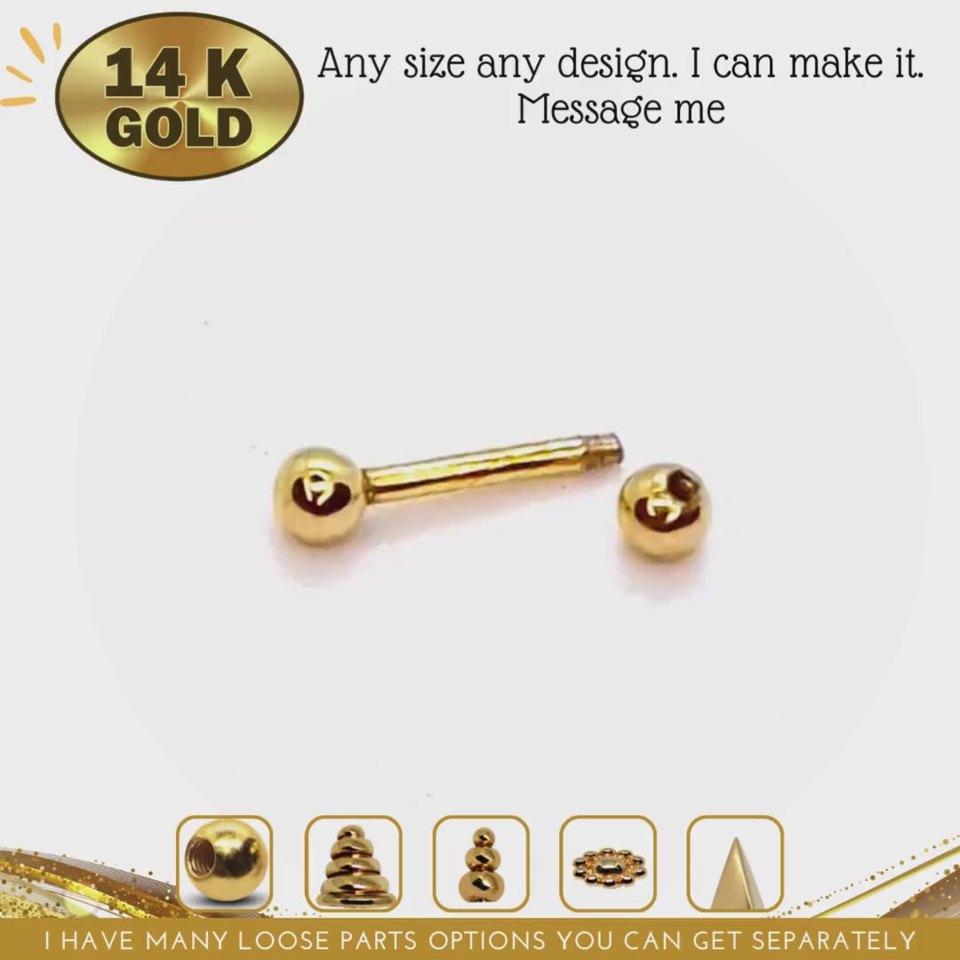 14K Gold Barbell Piercing, Barbell Earring - 12G (2.0mm) Length is 12mm to 16mm - Piercing for Tongue, Daith, Helix, Tragus, Eyebrows stud