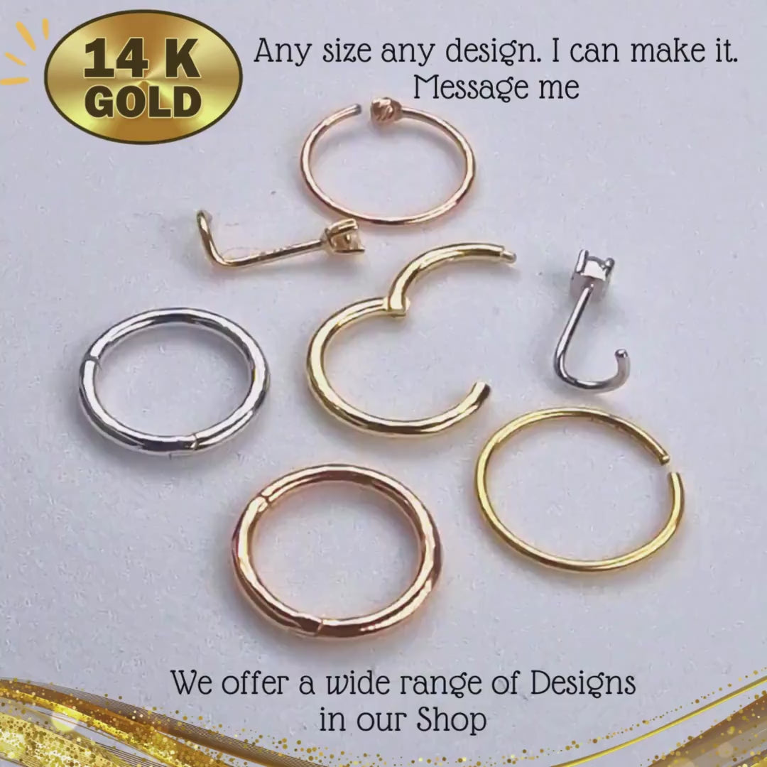 14K Rose Gold Nose Hoop, Open Ring, Nostril Studs, Nose Jewelry with Small Bead - 20G Body Jewellery also for Ear Cartilage