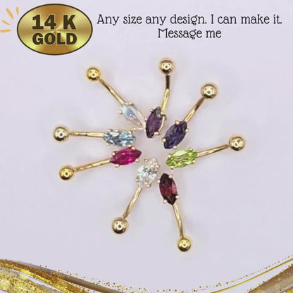 Belly Bar with Real Semi Precious  Gem Stone - 14K Gold Marquise Cut Designer Belly Button Ring - Fine Jewellery Hand Set & Hand Polished