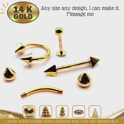 14K Gold Cone Labret Stud Lip Jewellery - 14G Labret Piercing, Lip Ring, Lip Stud, Tragus Earring with Peach Gold Cone