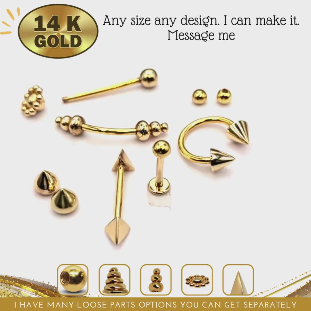 Eyebrow Piercing, Cone Temple Design Eyebrow Jewellery 16G Curved barbell - 14K Gold Piercing Bent Bar for Eyebrow Studs