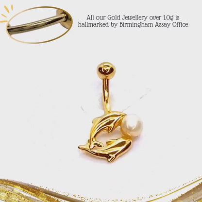 Solid Gold Dolphin with Pearl Belly Button Ring -14K Gold  Belly Bar, Designer -  Gold Body Piercing Navel Jewelry for that Special Lady