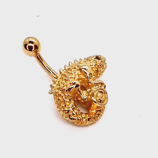 Gold Belly Rings - Solid 14K Gold 3.9g - Chameleon Lizard Belly Bar, Designer Gold Belly Button Ring - Jewellery Quality Body Piercing