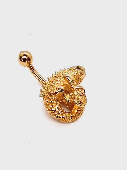 Gold Belly Rings - Solid 14K Gold 3.9g - Chameleon Lizard Belly Bar, Designer Gold Belly Button Ring - Jewellery Quality Body Piercing