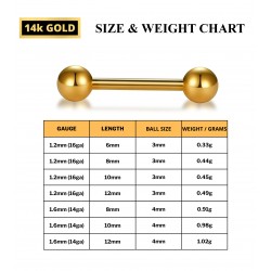14K Solid Gold Straight Barbell Piercing