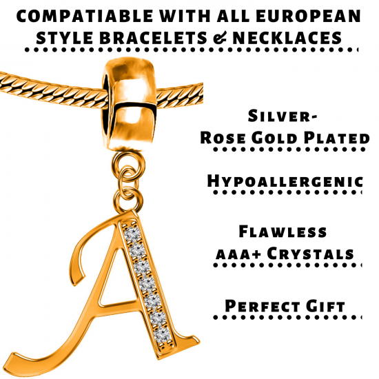 Silver Initial European Inspired Charms - Rose Gold Plated - Looks Like Real Rose Gold - Fits all European Bracelets