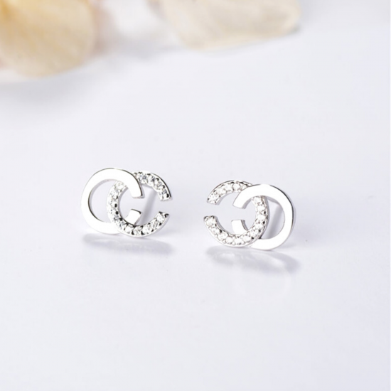 CC Silver Stud Earrings | Double C | Austrian Diamond Cut AAA Crystals- Exquisite CC Style Chic Letter Design- Silver Gold Rose Gold