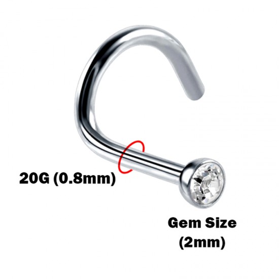Nostril Screw, 20G Nostril Stud with Bezel Set Clear CZ Crystal - Available in many Colours Steel, Black, Gold and Rose Gold