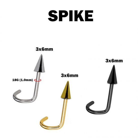 Cone / Spike Nostril Screw, 18G Nostril Stud - Available in many Colours Steel, Black, Gold and Rose Gold - Fixed does not screw out