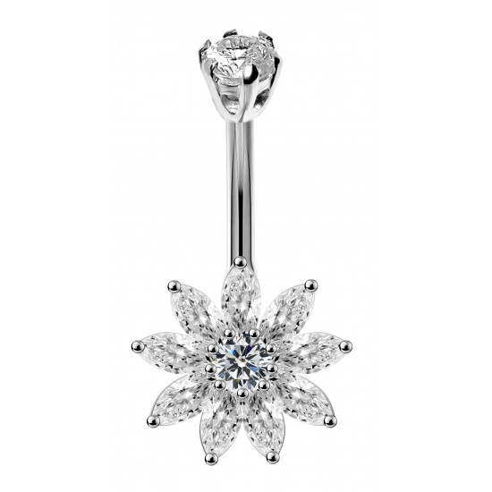 Silver 925 Sun Flower Belly Button Piercing Bar with CZ Crystals - Various Colours - All our Jewellery is Quality Checked by Sheffield Assay office