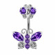 Silver 925 Double Butterfly Design Belly Button Piercing Bars with CZ Crystals - Various Colours - All our Jewellery is Quality Checked by Sheffield Assay office