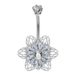 Sterling Silver Flower Lily CZ Crystal Belly Bars 1.6mm / 14G - Various Colours - All our Jewellery is Quality Checked by Sheffield Assay office